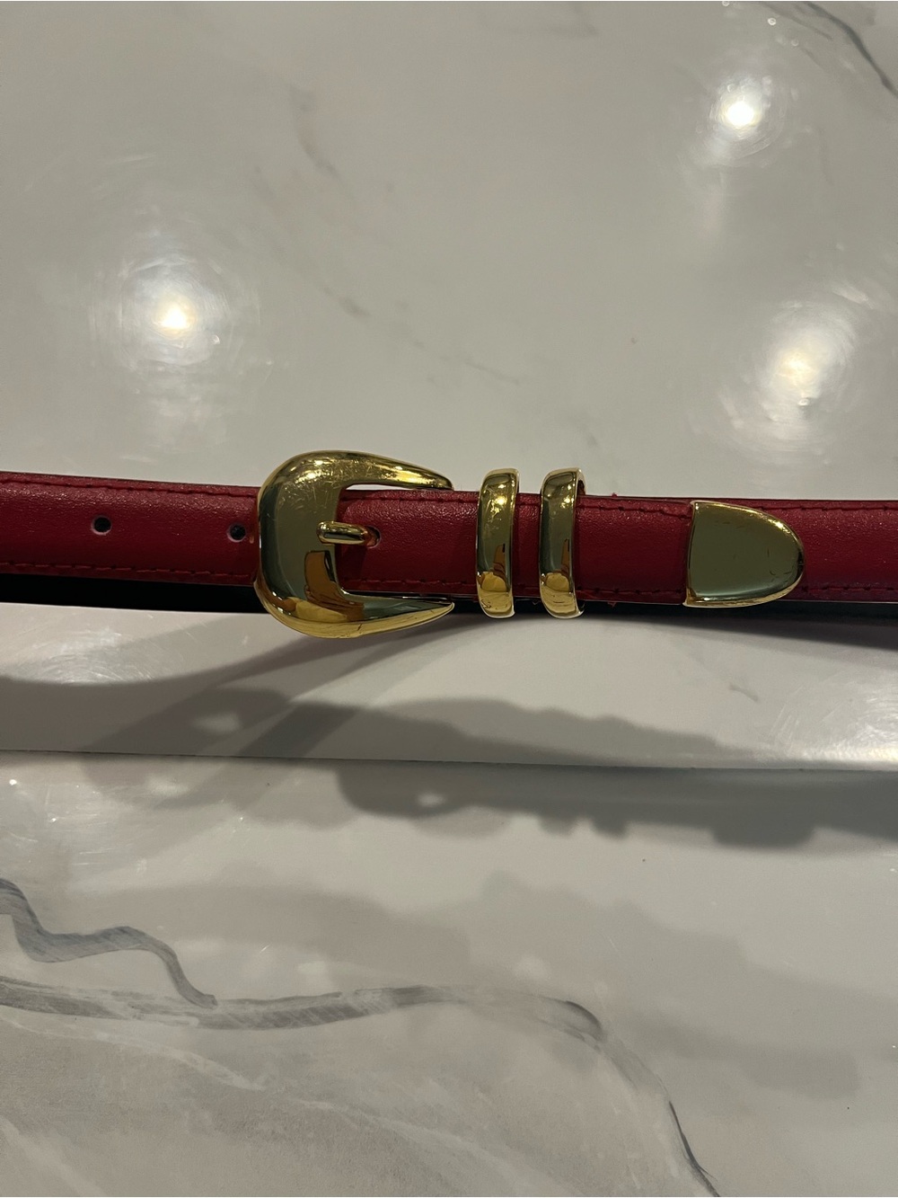 Red Leather Belt with Gold Buckle - Women's Accessory small